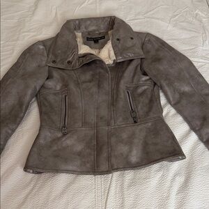 VIA SPIGA Moto Jacket Womens XS Metallic Faux Shearling Peplum Zip Front